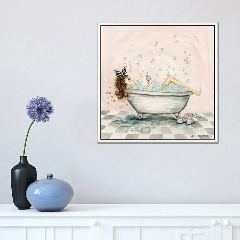 Pamper Yourself Bubble Bath by Bella Pilar - Painting on Canvas, 45.72 cm H x 45.72 cm W, White Framed Canvas