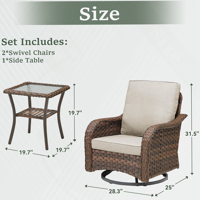 Ensemble de meubles d'extérieur 3 pièces, chaise berçante pivotante pour l'extérieur, ensemble bistro de patio en osier avec tablette latérale pour terrasse, beige