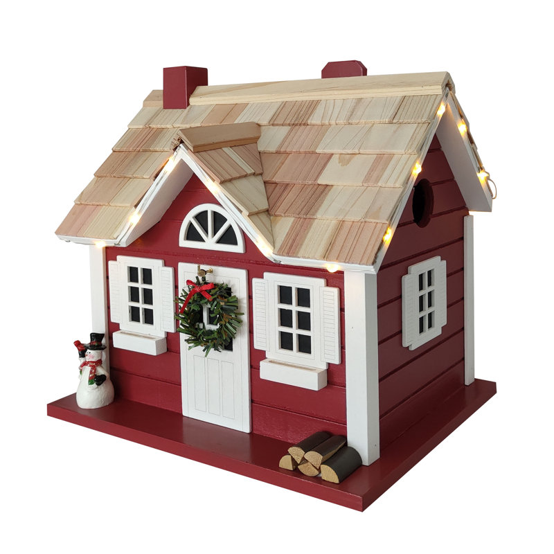 Red and White Wooden Christmas Birdhouse with LED Lights