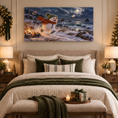 Impression sur toile, bonhomme de neige jetant une guimauve sur une plage enneigée à Noël