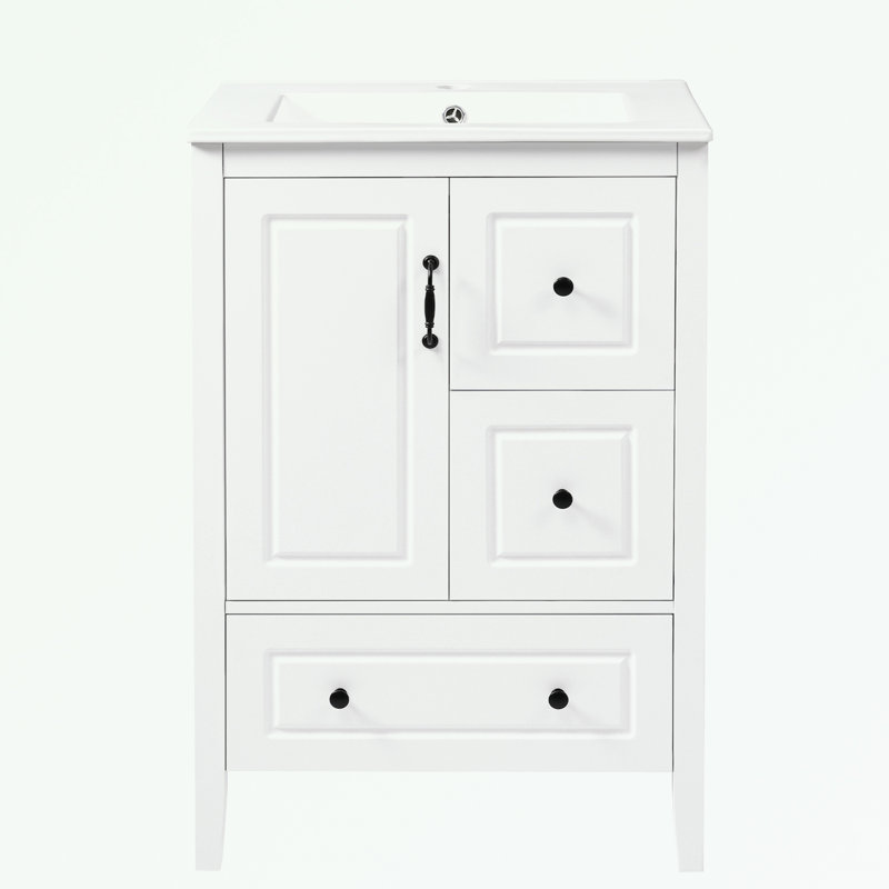 Meuble-lavabo de salle de bain avec lavabo, une armoire et 3 tiroirs à fermeture en douceur, Blanc