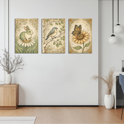 Rabbit Bird And Butterfly Floral Pattern Canvas Wrapped Wall Art Oil Painting Print Set Of 3 For Living Room Bedroom Decor