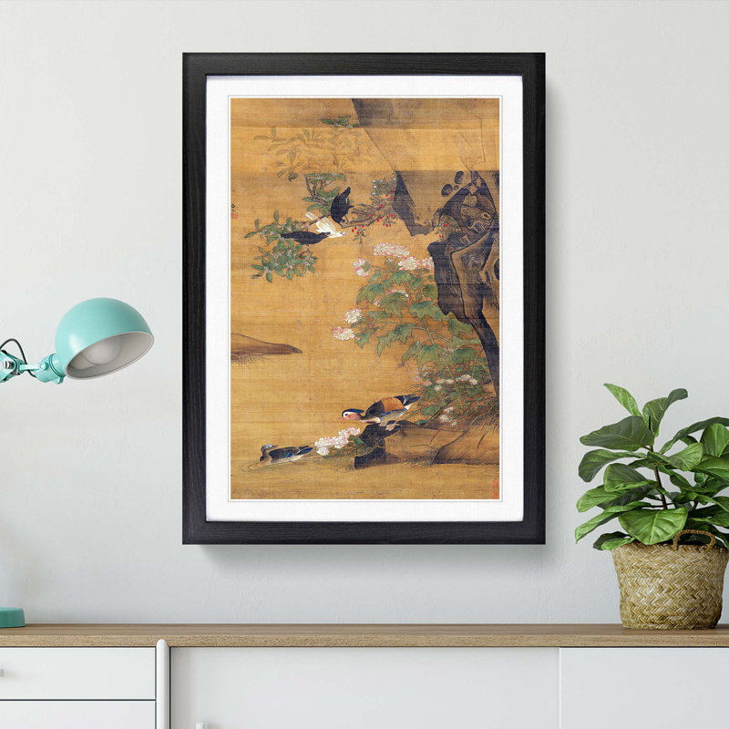 Mandarin Ducks & Cotton Rose Hibiscus by Lu Ji - Picture Frame Painting Print on MDF, 48cm H x 36cm W x 2cm D, Black Framed