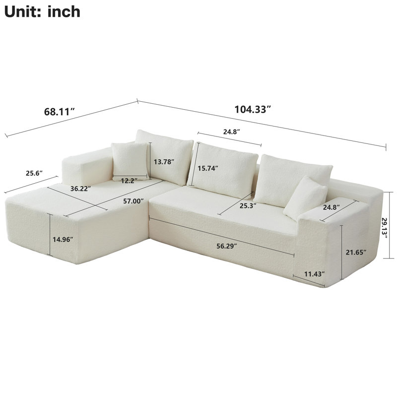 Nahliyah 2 - Piece  L-Shaped  Modular Sectional, White Polyester Blend/Teddy