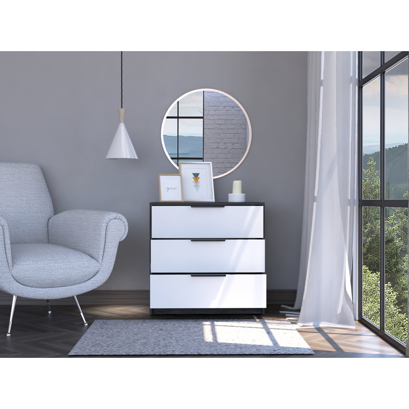 Kaia Three Drawer Compact Dresser, Bedroom Storage Option, Gray/Oak