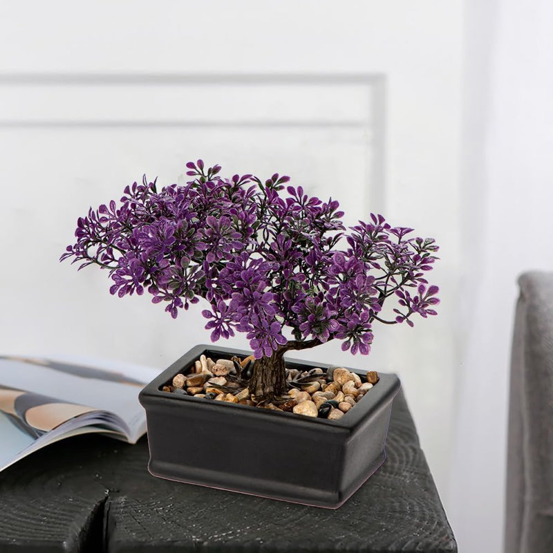 Bonsaï de genévrier artificiel avec pot en céramique noire, plante artificielle décorative à poser sur une table