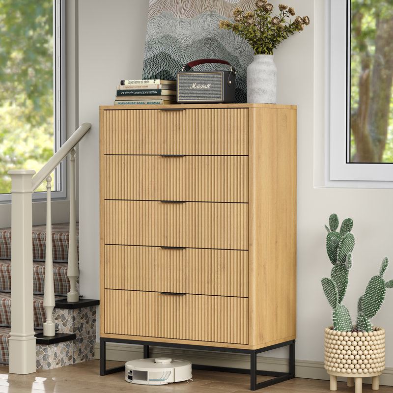 Semin 5-Drawer Dresser for Bedroom, Tall Dresser with Metal Legs,Wood Chest of Drawers,Fluted Design 