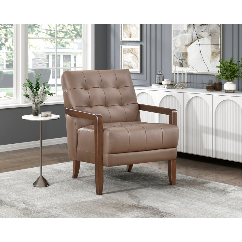 Fauteuil d'appoint contemporain en cuir brun avec accoudoirs et pieds en noyer, Brun