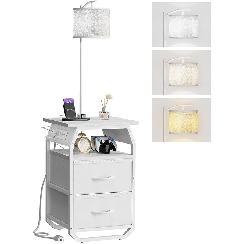Lampe sur pied avec table, table de bout avec éclairage intégré et station de charge, blanc