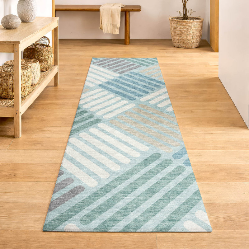 Premium Machine Washable Mayfield AMF2339 Geometric Rug, Seafoam, 2'3" x 7'6" Runner