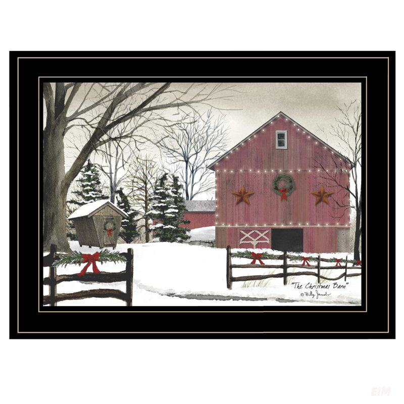 «Christmas Barn» par Billy Jacobs, reproduction encadrée prête à accrocher, cadre noir, parfaite pour la décoration festive
