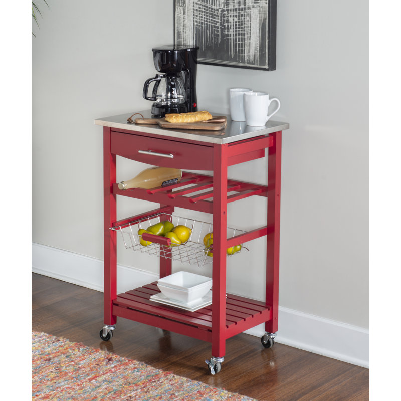 Chariot de cuisine en granit avec tiroir utilitaire et panier Macy, Acier Inoxydable, Rouge