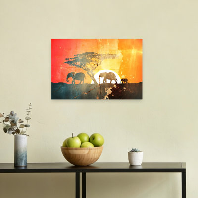 Coucher de soleil africain, éléphants dramatiques, paysage rustique d'éléphants, art mural nature