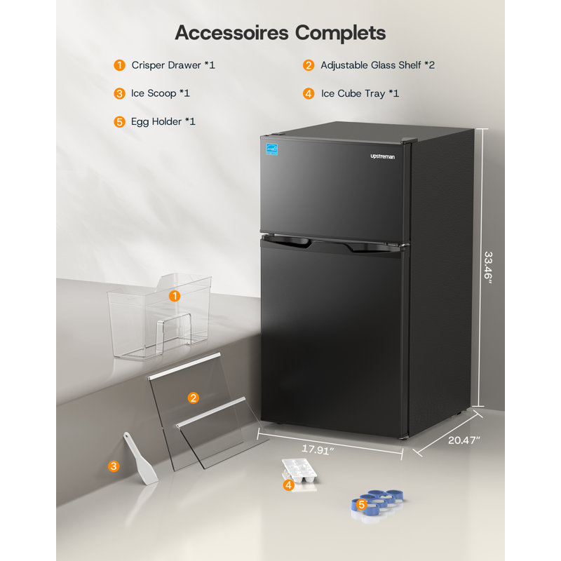 Mini réfrigérateur 3,1 pi³ à double porte avec congélateur pour chambre à coucher, dortoir, appartement, Noir