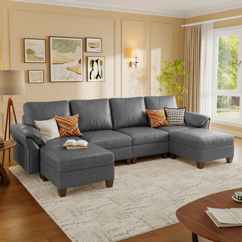 Canapé modulaire en forme de U avec rangement de 123 po et 6 places, gris, Gris