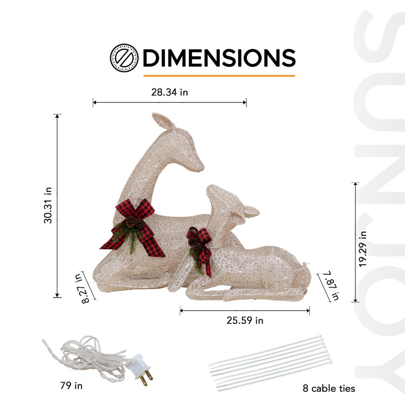 Sunjoy 2-Piece Lighted Lying Deer with Red Bows