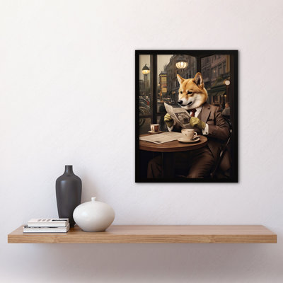 Shiba Inu Coffee Shop Cafe Reading Newspaper Formal Dress - Single Picture Frame Print