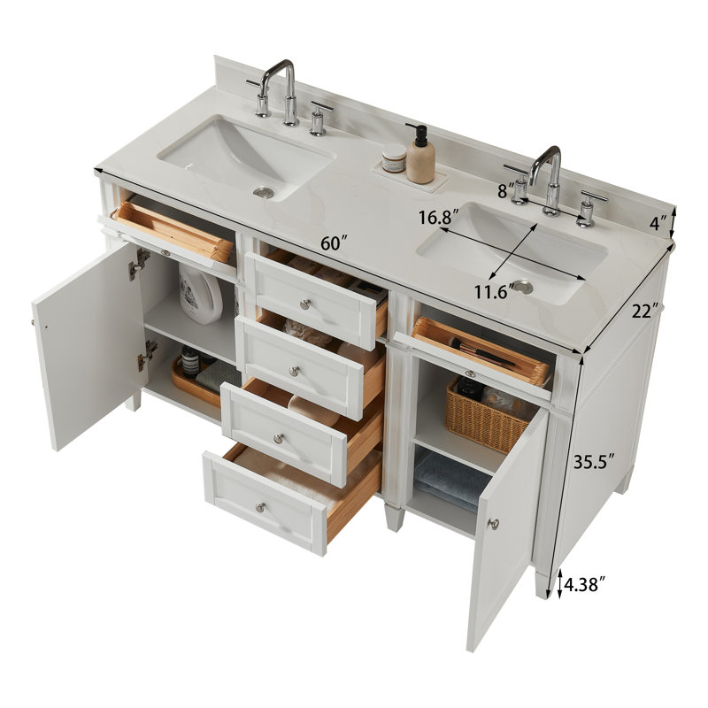 Meuble-lavabo autoportant à double cuve 60 po avec comptoir en quartz entièrement assemblé