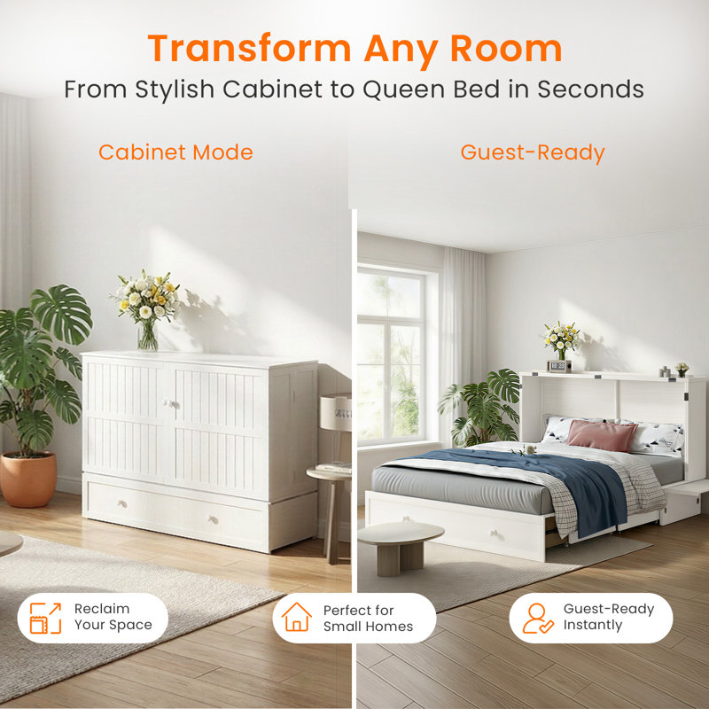Murphy Bed Queen With Storage Drawers & Charging Station,White, White