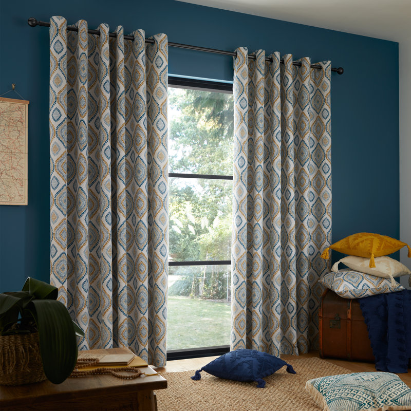 Ziri Geo Lined Eyelet Curtains, 168 W x 229 D cm, Grey/Beige