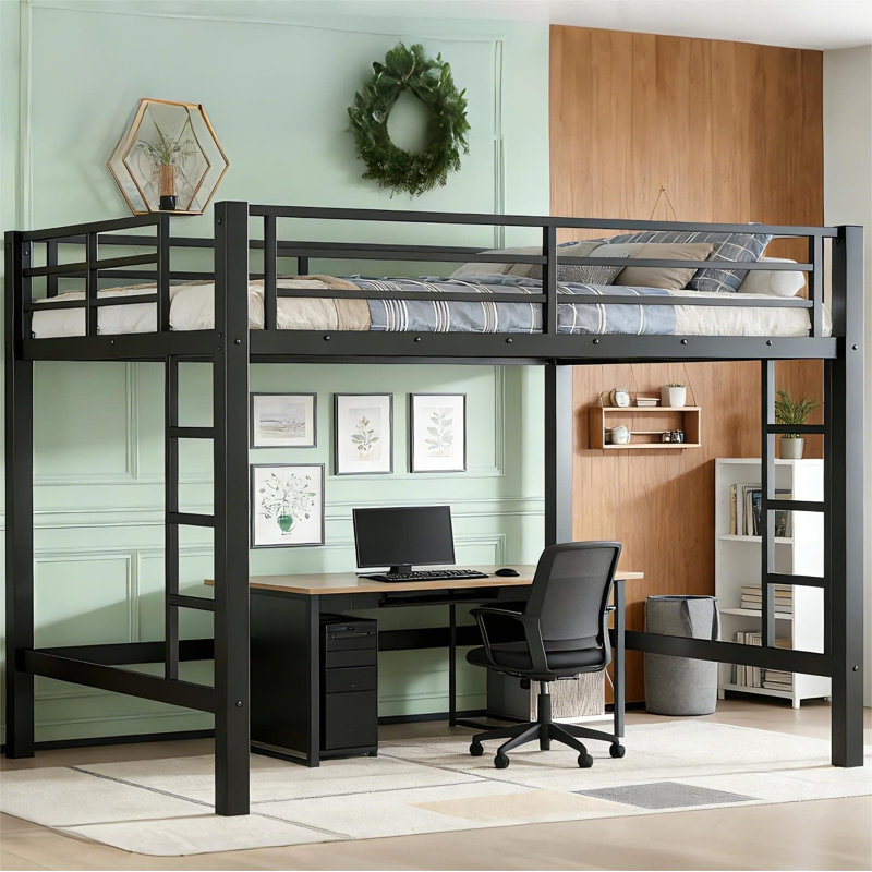Loft Bed Queen Size, Heavy Duty Loft Bed Frame With 2 Build In Ladder And Full Length Guardrail, Easy Assemble, Noise Free Design, No Box Spring Needed, Black