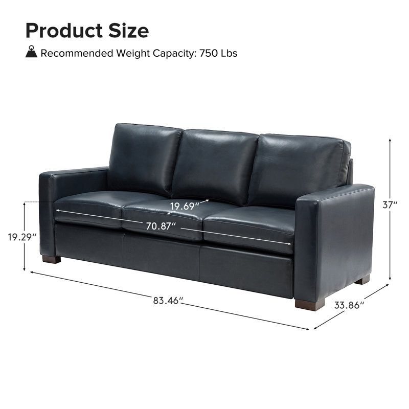 Fournier 83.46'' Genuine Leather Square Arm Sofa with Pillows, Navy Genuine Leather