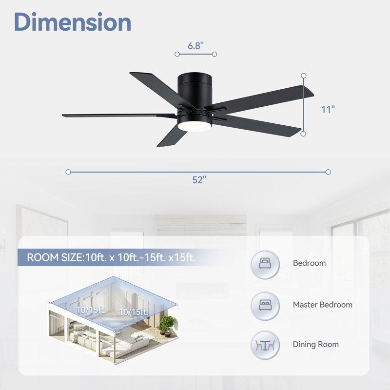 Jayceyon 52'' Large Flush Mount Ceiling Fan With Led Lights and Remote, Quiet Reversible DC Motor, 5 wood Blades Low Profile, Timer, for Indoor/Covered Outdoor Use