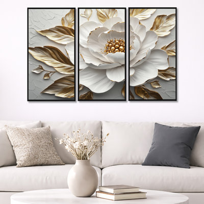 White And Gold Peony Bloom III - Peony Wall Art Living Room Set