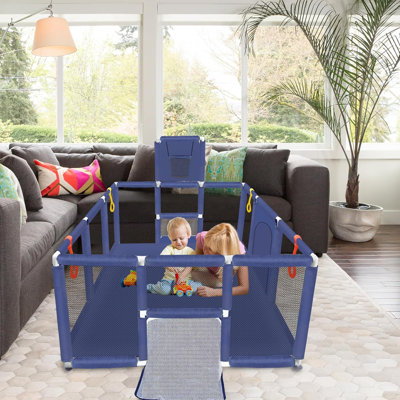 Grand parc pour bébé de 74 po x 50 po avec panier de basketball et filets de soccer, cour de jeu en filet respirant pour l'intérieur et l'extérieur