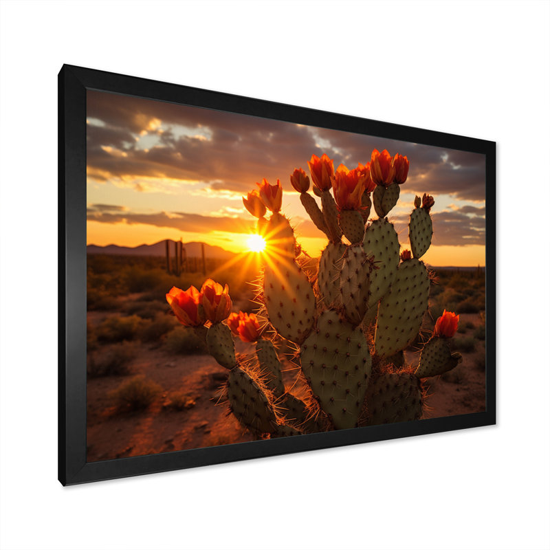 Champ de cactus rouge et vert avec coucher de soleil III - impression, H 16 po x l 32 po x P 1 po, Cadre simple noir