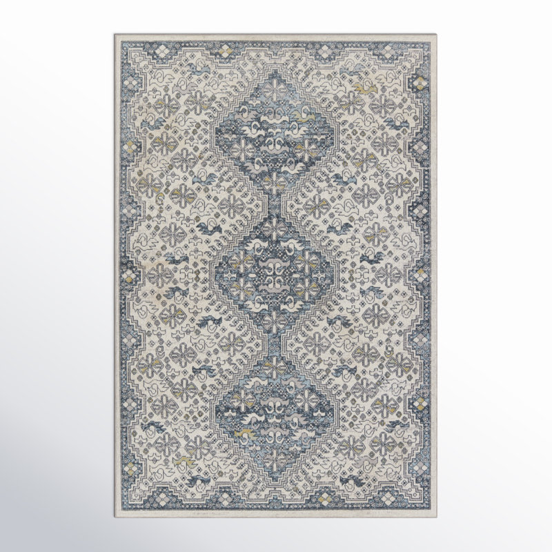 Phoebe Machine WashableOriental Area Rug in Cream/Blue, Rectangle 4' x 6'