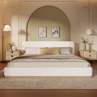 Boucle Upholstered Bed With Solidwood Frame & Support Slats