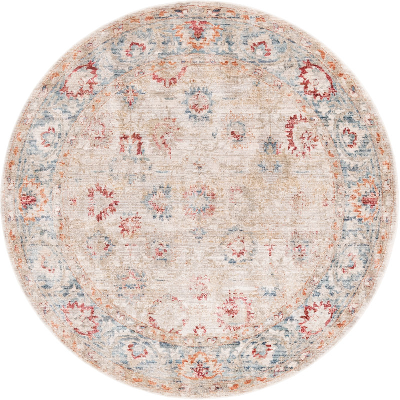 Ashaureah Kylee Traditional Ivory/Red/Blue Area Rug, Round 5'1"