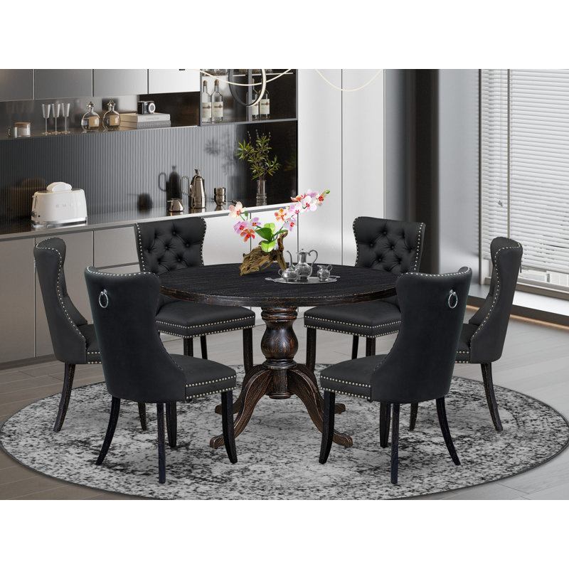 Ensemble de salle à manger 7 pièces en similicuir 6 chaises de salle à manger rembourrées gris foncé, dossier capitonné et table ronde de 48 po au fini noir sablé.