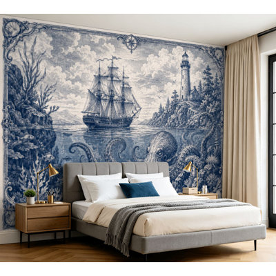 Papier peint auto-adhésif Toile de voilier en mer bleu foncé Pieuvre Phare Nuage Océan Vagues Papier autocollant amovible pour décoration de salon Chambre à coucher H 100 po x l 144 po
