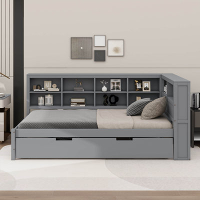 Wooden Daybed with Twin Size Trundle, Storage Shelf and USB Charging Ports by Cosmic