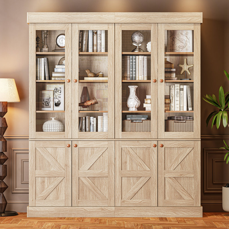 71''H Glass Door Storage Bookcase with Adjustable Shelves and Large Drawers Brown, Beige
