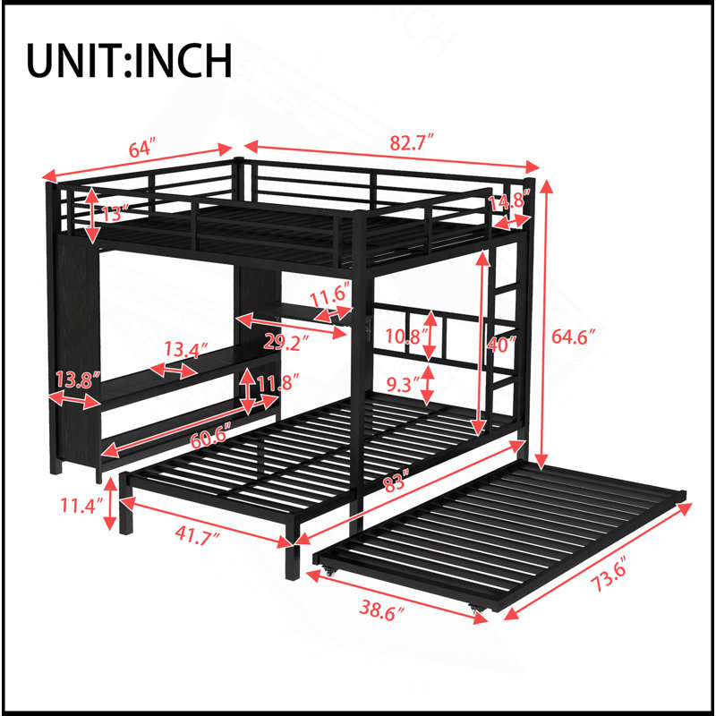 Grand lit superposé simple avec garde-robe intégré, lit superposé en métal avec lit gigogne, bureau pliable, échelles, conception à réduction de bruit, noir