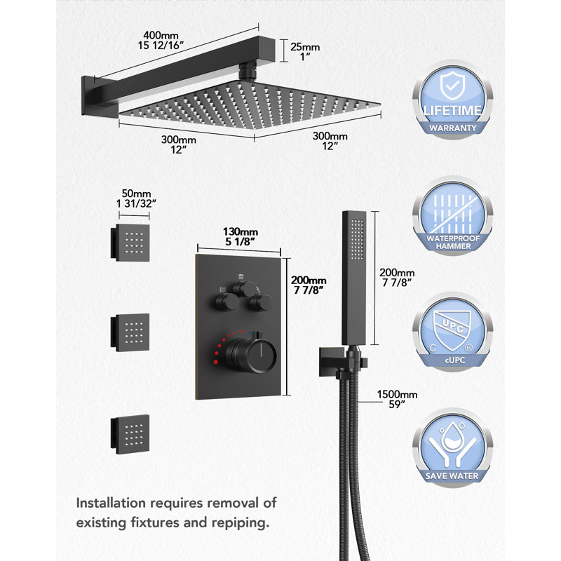 Système de robinet de douche thermostatique avec pomme de douche 12 "avec valve brute, Noir mat