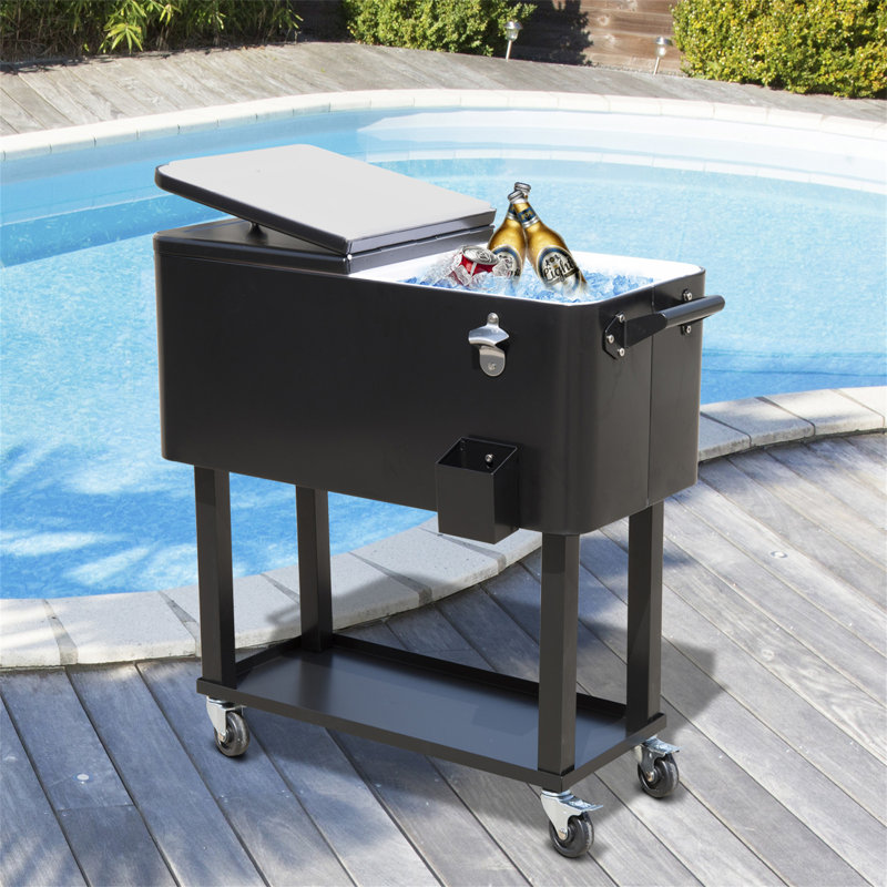 Outsunny 80 QT Rolling Cooling Bins Ice Chest On Wheels Outdoor Stand Up Drink Cooler Cart For Party, Black