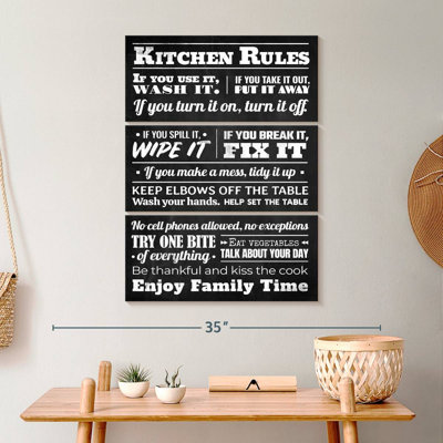 «Chalkboard Kitchen Rules On Canvas», 3 pièces par Noir Fontistry