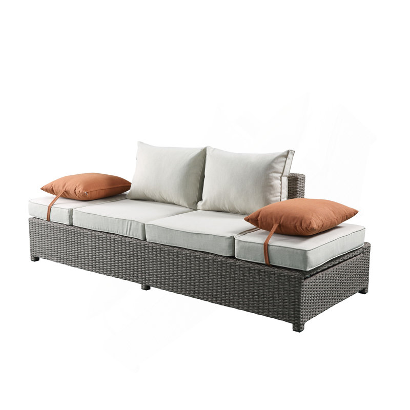 Canapé de patio et repose-pieds en osier toutes saisons en tissu et gris avec 2 coussins décoratifs
