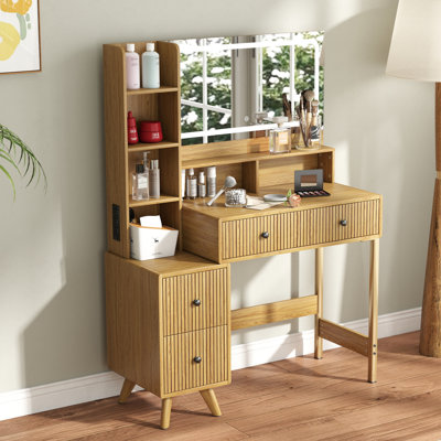 Makeup Vanity with LED Mirror & Built-In Outlets, Vanity With 4 Drawers and Display Shelf