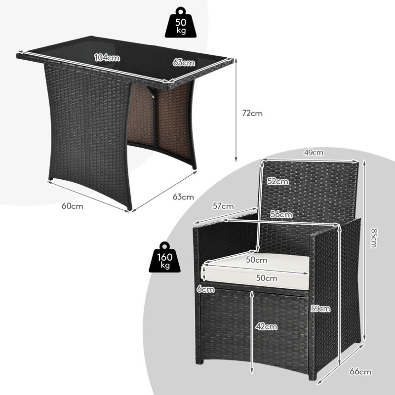 3 Pieces Patio PE Wicker Set Space-Saving Outdoor Conversation Set-White
