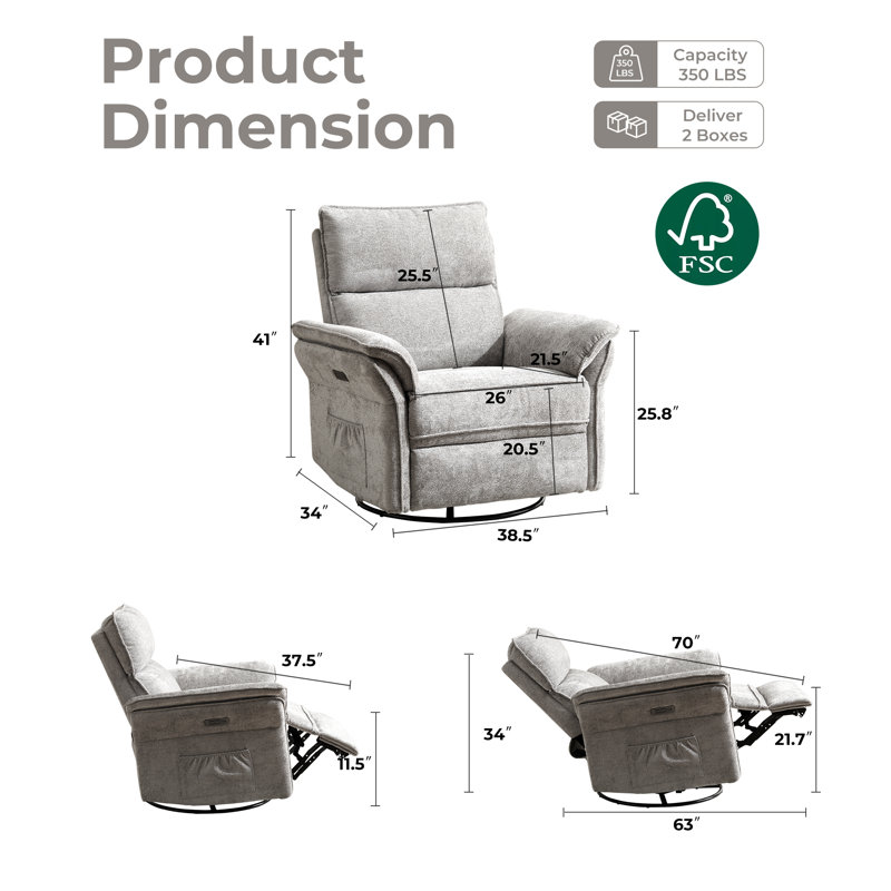 Oversized Power Recliner Chair Swivel Glider With Massage And Heat，Light Grey, Light Gray