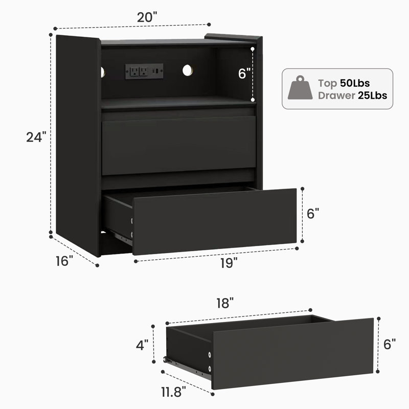 Modern White /Black Nightstand with Charging Station, 2 Drawers & Open Shelf, Individual, Black