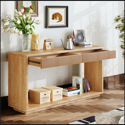 Console cannelée moderne à 2 tiroirs de 60 pouces avec placage en bois naturel, parfaite pour le salon, le couloir et l'entrée