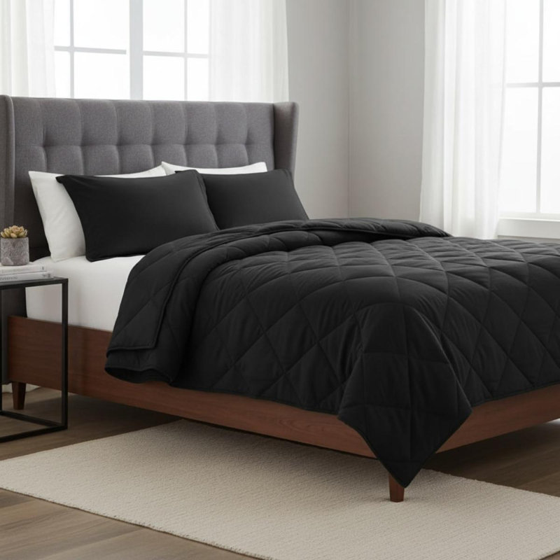 Ensemble d'édredon réversible en duvet synthétique matelassé double / grand 3M Scotchgard, L 90 po x l 86 po, Black