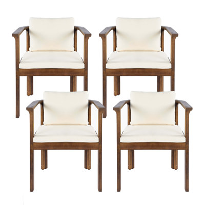 Ensemble de 4 chaises de salle à manger d'extérieur avec accoudoirs courbés en bois d'acacia et coussins crème