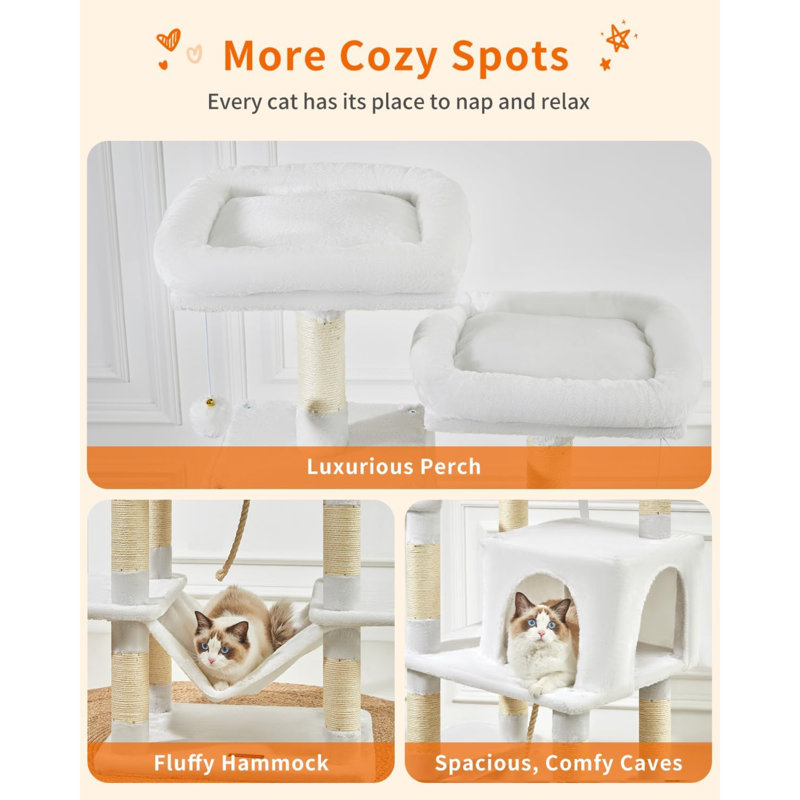 Cream White Multi-Level Plush Cat Tree with Sisal Posts